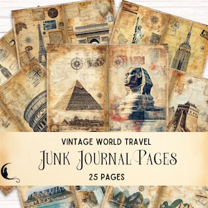 Vintage Welt Reise Junk Journal Seiten, Monumente Collage Scrapbook Kit, digital druckbare Ephemera, antike Karten Papier, DIY Bastelbedarf