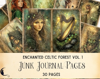 May include: A collection of 30 Enchanted Celtic Forest Vol. 1 junk journal pages featuring illustrations of fairies, a harp, a forest cottage, an owl, and a bearded forest spirit, all set against a dark, magical woodland background with glowing lights.