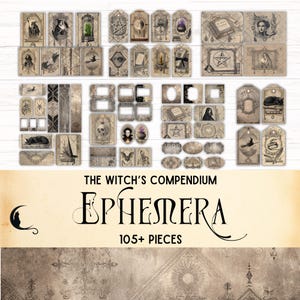 Op de afbeelding: Een verzameling vintage ephemera met een heksen thema. De stukken omvatten tags, kaarten en frames met illustraties van heksen, katten, sterren en andere mystieke elementen. De tekst "THE WITCH'S COMPENDIUM" en "EPHEMERA" zijn zichtbaar.
