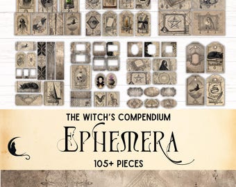 Vintage Witch Junk Journal Ephemera Kit, Printable Alchemy Ephemera Tags, Gothic Digital Scrapbook Supplies, Grimoire, Magic Spell Book,