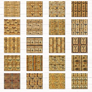 May include: A collection of twenty square digital paper sheets featuring various patterns of ancient Egyptian hieroglyphics, papyrus textures, and symbolic motifs in shades of gold, brown, black, and tan, arranged in a grid on a white background.