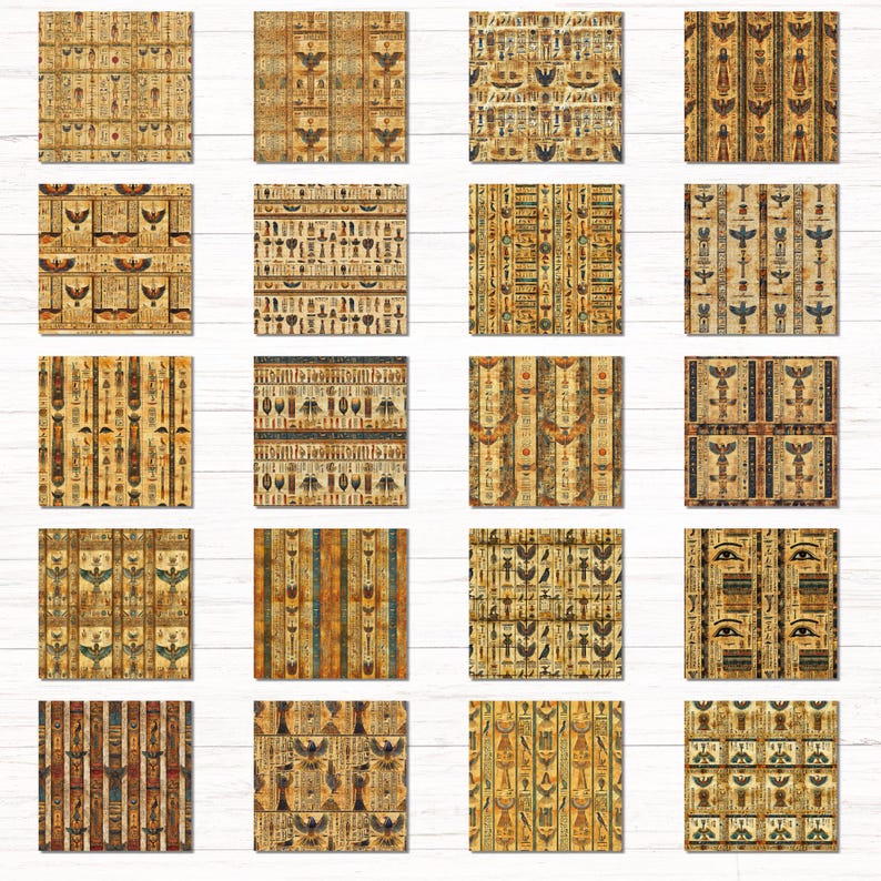 May include: A collection of twenty square digital paper sheets featuring various patterns of ancient Egyptian hieroglyphics, papyrus textures, and symbolic motifs in shades of gold, brown, black, and tan, arranged in a grid on a white background.
