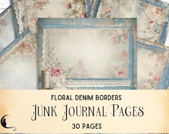 Floral Denim Borders Junk Journal Pages Lined Filler Papers Shabby Chic Lace Collage Sheets Vintage Ephemera Rustic DIY Scrapbook Supplies