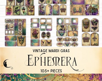 Mardi Gras Ephemera Kit, Printable Ephemera, Vintage Masquerade Digital Scrapbooking Supplies, New Orleans Carnival Season