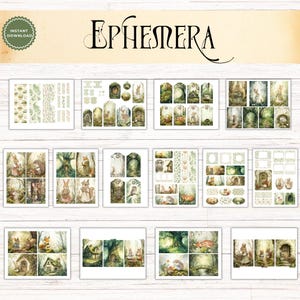 May include: A digital collection of printable ephemera featuring woodland scenes with rabbits, foxes, hedgehogs, and forest dwellings. The sheets include various tags, rectangular cards, and decorative borders in muted earth tones and soft green hues.