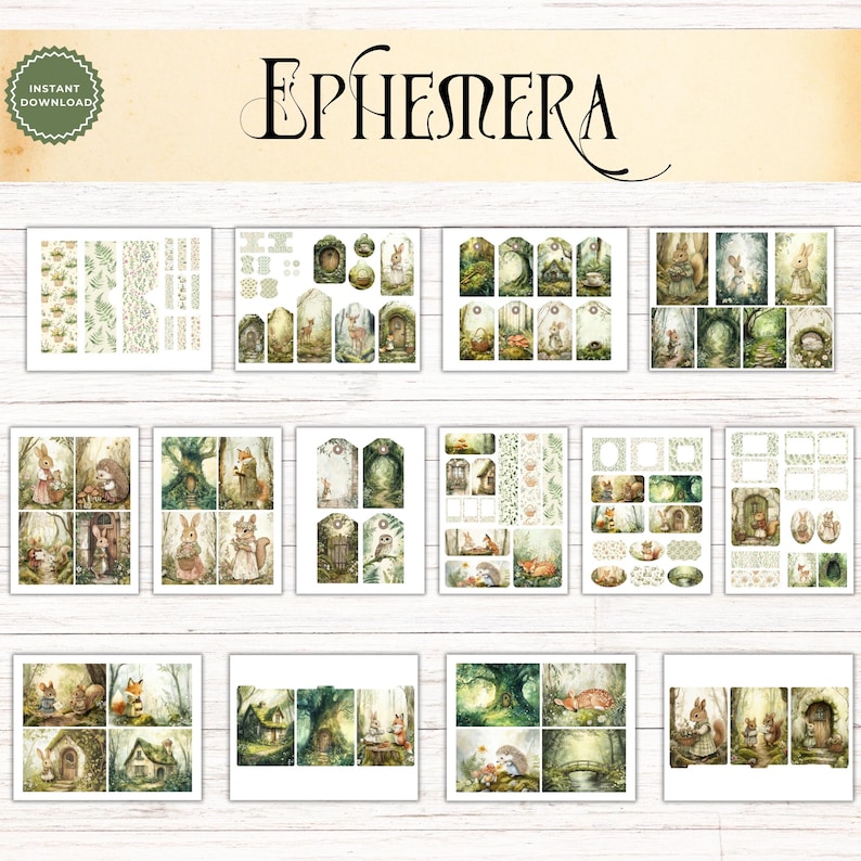 May include: A digital collection of printable ephemera featuring woodland scenes with rabbits, foxes, hedgehogs, and forest dwellings. The sheets include various tags, rectangular cards, and decorative borders in muted earth tones and soft green hues.