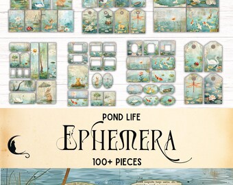 May include: A collection of Pond Life ephemera featuring over 100 paper pieces with illustrations of koi fish, swans, rabbits, dragonflies, and water lilies in soft blue and green tones, including various tags, labels, and rectangular cards.