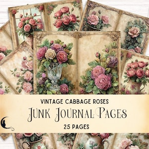 Kit de diario basura con rosas de repollo vintage, efímera imprimible de jardín de rosas Shabby Chic, suministros para manualidades Cottagecore, papel digital de jardín inglés