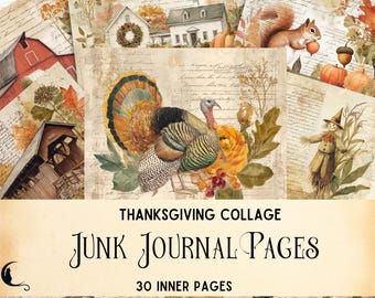 Thanksgiving Collage Junk Journal Kit, Autumn Harvest Digital Paper, Printable Vintage Fall Scrapbook Pages