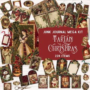 kit de journal indésirable de Noël tartan vintage, Noël traditionnel, créations en papier, papier de scrapbooking numérique, papier de journal indésirable bordures de Noël