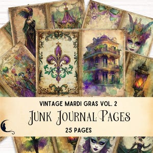 Könnte beinhalten: Vintage Mardi Gras-Junk Journal Seiten mit 25 Seiten. Die Seiten zeigen Bilder einer Fleur-de-lis, eines Gebäudes im Stil von New Orleans, einer maskierten Figur und einer Laterne.