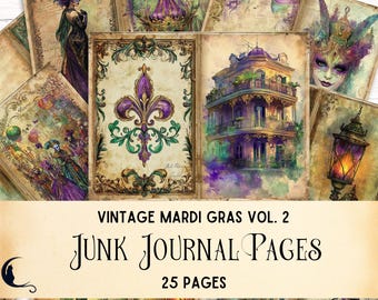 Vintage Mardi Gras Junk Journal Pages, Printable Ephemera, Vintage Masquerade Scrapbook Papers, DIY Crafts, New Orleans Carnival Season,