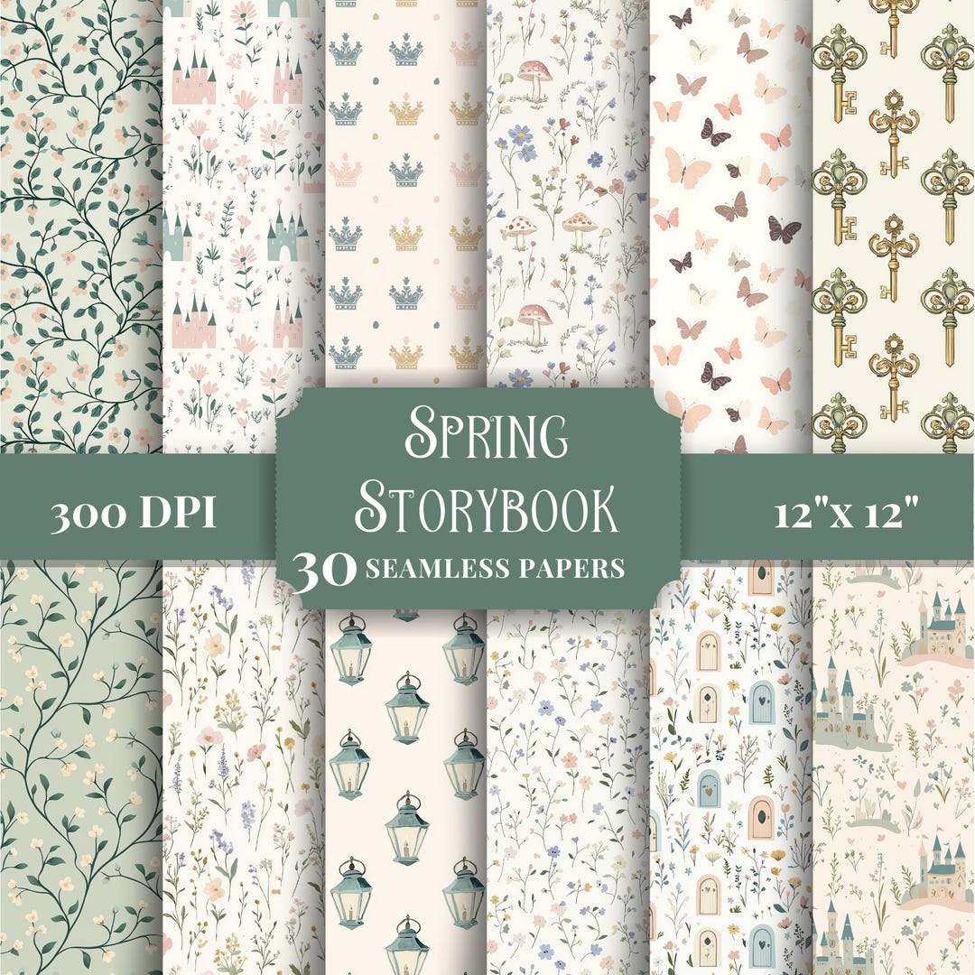 Spring Storybook Digital Paper Pack, Enchanted Seamless Patterns ...