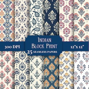 Papel digital con estampado de bloques indio, patrones florales sin costuras, fondos imprimibles para álbumes de recortes y manualidades, uso comercial bohemio vintage JPG