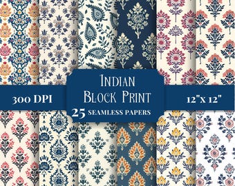 Indian Block Print Digital Paper, Seamless Floral Patterns, Printable Backgrounds for Scrapbooking & Crafts, Vintage Boho Commercial Use JPG
