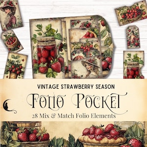 Vintage Strawberry Season Junk Journal Folio Kit, Digital Ephemera, Printable Folding Folio, Vintage Botanical Scrapbook Retro Spring Garden