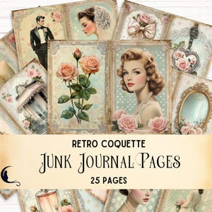 Retro Coquette Aesthetic Junk Journal, Shabby Chic Style Vintage Ephemera, Romantic Scrapbook, Polka Dots Lace Border Floral Pastel Images