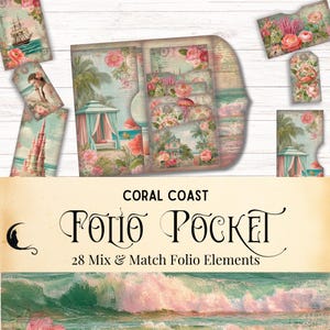 Pink Coastal Junk Journal Folio Kit, Beach Digital Scrapbook, Printable Pocket Summer Ephemera, Coral Ocean Collage, Unique Craft Supplies