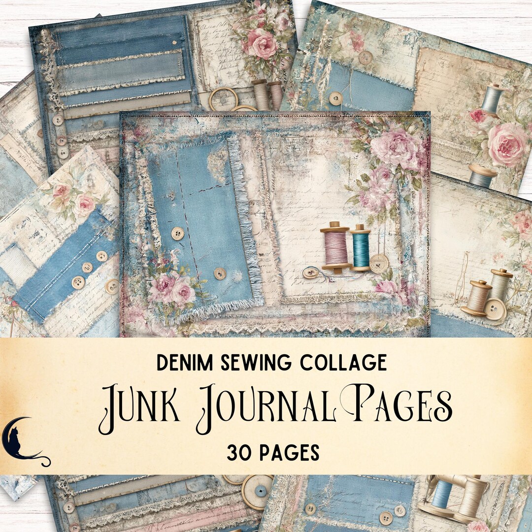 Denim Junk Journal Pages, Printable Sewing Collage Paper Digital ...