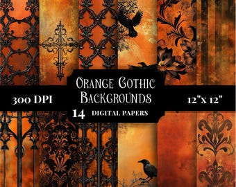 Orange Black Gold Gothic Digital Paper, Dark Aesthetic Printable Backgrounds for Junk Journals Vintage Scrapbook Grunge Textures for Crafts