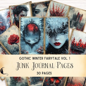 Páginas de diário de contos de fadas góticos de inverno, contos de fadas medievais, itens efêmeros da floresta de inverno, papel digital de fantasia gótica escura, imprimível de bruxa