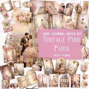 Kit de diário de lixo rosa Paris, kit de fólio para impressão, álbum de recortes de rosas cor de rosa, itens vintage para impressão, chique gasto, papel de aquarela romântico