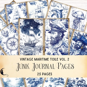 Kit de journal indésirable en toile maritime, éphémères nautiques vintage, papier numérique océan, fournitures de scrapbooking uniques, toile de Jouy bleue française
