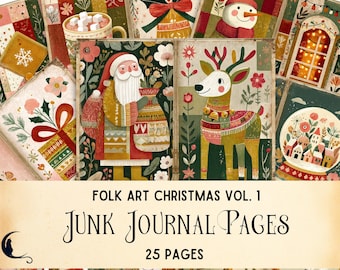 May include: A collection of twenty-five digital junk journal pages featuring Christmas-themed illustrations including Santa Claus, a reindeer, a snowman, a mug of cocoa, and festive gifts, all rendered in a colorful, patterned folk art style.
