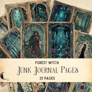 Páginas de diario basura de Forest Witch / Green Witch / Tarjetas ATC / Gypsy Witch, diario basura de cuentos de hadas, Libro de las sombras, papel digital Art Nouveau