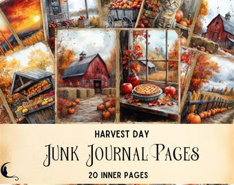 Autumn Harvest Day Junk Journal Pages, Vintage Fall Ephemera, Rustic Cottagecore Printable Scrapbook Paper