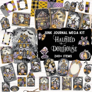 May include: A collection of Halloween-themed junk journal ephemera. The set includes tags, patterned papers, and illustrations of haunted houses, witches, pumpkins, and bats. The text on the image reads "Junk Journal Mega Kit Haunted Dollhouse 240+ Items."