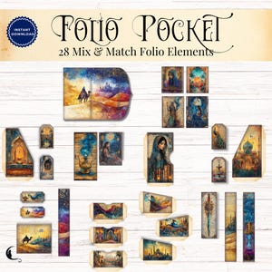May include: A digital collection of 28 mix and match folio elements featuring fantasy-themed illustrations of desert landscapes, camels, palaces, and mystical figures. The text Folio Pocket 28 Mix & Match Folio Elements is displayed at the top.
