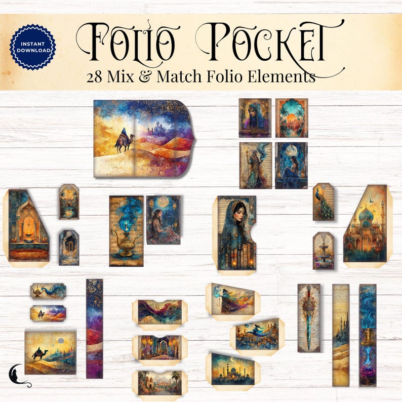 May include: A digital collection of 28 mix and match folio elements featuring fantasy-themed illustrations of desert landscapes, camels, palaces, and mystical figures. The text Folio Pocket 28 Mix & Match Folio Elements is displayed at the top.