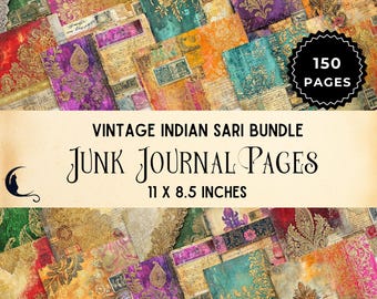 Vintage Indian Sari Scraps Collage Junk Journal Bundle, Printable Scrapbook Paper Kit, Boho Ephemera Colorful Unique Bohemian Craft Supplies