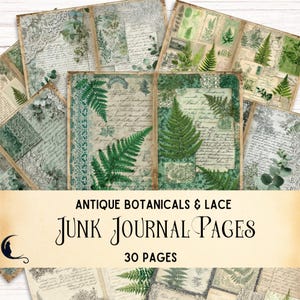 Antique Botanicals & Lace Digital Paper, Vintage Junk Journal Ephemera, Printable Digital Scrapbook, Fern Eucalyptus Collage, Craft Supplies