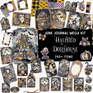 May include: A junk journal mega kit titled Haunted Dollhouse with 240+ items featuring Halloween-themed paper ephemera, tags, and illustrations of ghosts, witches, pumpkins, and haunted houses in purple, orange, black, and yellow color palettes.