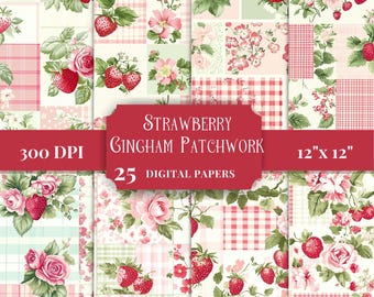 Retro Erdbeere Patchwork Digitales Papier Gingham Hintergründe Vintage Cottage Chic Pastell Rosa Grün Frühling Floral Tartan Scrapbook Ephemera