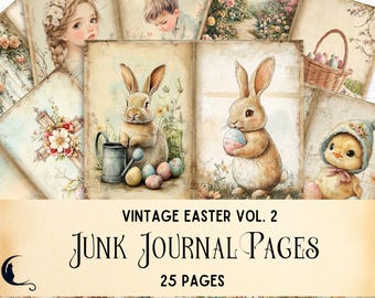 Vintage Easter Junk Journal Pages, Shabby Chic Ephemera, Printable Scrapbooking Kit, Bunny Rabbit, Tulips, Painted Eggs, Spring DIY Crafts