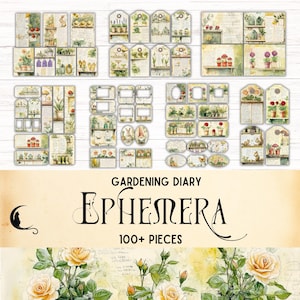 Zestaw do tworzenia dziennika ogrodniczego Junk Journal Ephemera, drukowane etykiety Ephemera, fantazyjne artykuły do scrapbookingu ogrodowego, arkusz kolażu do wiosennego ogrodnictwa