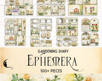 May include: A collection of over 100 pieces of gardening-themed ephemera, including tags, labels, and decorative elements. The designs feature illustrations of plants, gardening tools, and vintage-style backgrounds. The text "Gardening Diary Ephemera" is displayed.
