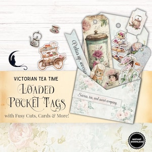Étiquette de poche chargée de l'heure du thé victorienne, éphémères imprimables de journal indésirable, coupes difficiles, tea party vintage, fournitures de scrapbooking shabby chic, bricolage