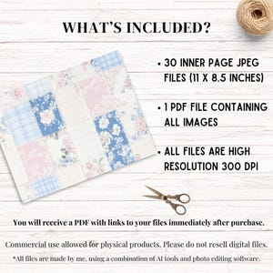 K&ouml;nnte beinhalten: Bild eines digitalen Produkts mit Text "WHAT'S INCLUDED?" und Details zu 30 JPEG-Dateien (27,9 x 21,6 cm), 1 PDF-Datei und hoher Aufl&ouml;sung. Ein Patchwork-Design in Blau und Rosa ist sichtbar.