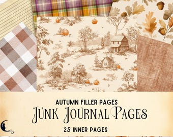 May include: A collection of digital paper sheets featuring autumn themes including plaid patterns, oak leaves, acorns, and a sepia-toned landscape with pumpkins. The text reads: AUTUMN FILLER PAGES JUNK JOURNAL PAGES 25 INNER PAGES. A black cat logo is visible.
