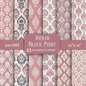 May include: A selection of 25 seamless Indian block print papers. The papers display a repeating floral design in pink, cream, and navy blue. The image includes the text "Indian Block Print" and "12" x 12" (30.48cm x 30.48cm).