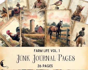 Bauernhof Junk Journal Kit, druckbare Seiten, Bauernhof Tiere digitales Sammelalbum, Natur und Landschaft, rustikales Landleben Ephemera