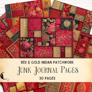 Puede incluir: Páginas de diario basura de patchwork indio rojo y dorado. Las páginas presentan patrones florales y geométricos en tonos rojos, dorados y negros. El texto de la imagen dice "Red & Gold Indian Patchwork Junk Journal Pages 30 Pages."