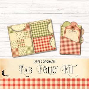 May include: A paper tab folio kit featuring an open folder with pockets and a matching tag holder. The designs include red and green gingham patterns, apple motifs, and floral prints. The text reads Apple Orchard Tab Folio Kit.