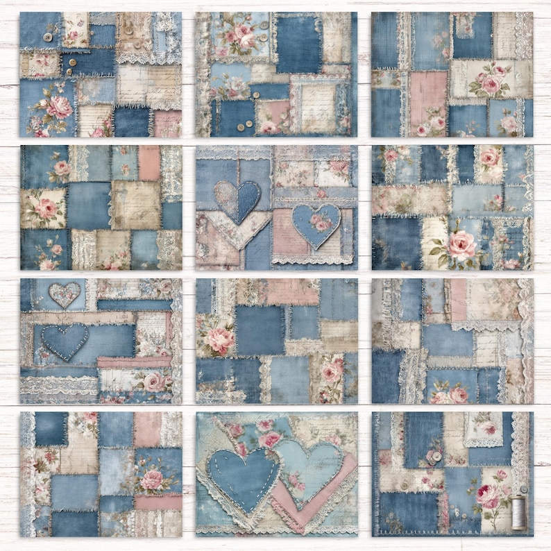 Denim Patchwork Junk Journal Kit, Digital Printable Paper Collage ...