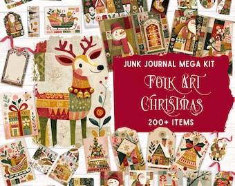 May include: A junk journal mega kit featuring over 200 Christmas-themed paper items with folk art illustrations of reindeer, Santa Claus, snowmen, owls, gift boxes, and sleighs in a palette of red, green, gold, and cream with decorative tags.