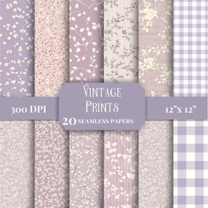 Könnte beinhalten: Eine Sammlung von 20 nahtlosen Vintage-Druckpapieren in Lavendel-, Rosa- und Cremetönen. Die Designs umfassen florale Muster, Blattmotive und Vichy-Karos. Der Text "Vintage Prints" und "12" x 12"" sind angezeigt. (30.48 cm x 30.48 cm)